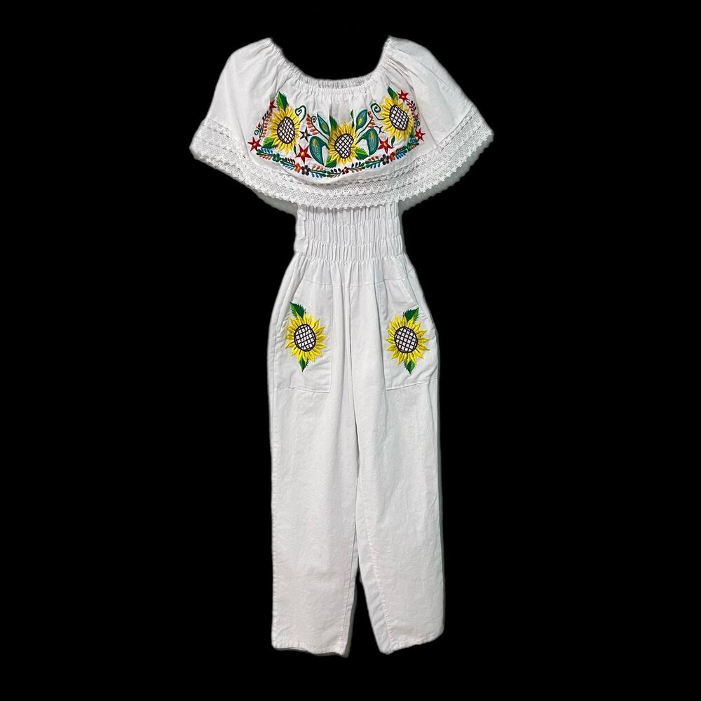 Mexican Hand Embroidered Floral Jumpsuit Romper Boho Lace Trim White Women’s S